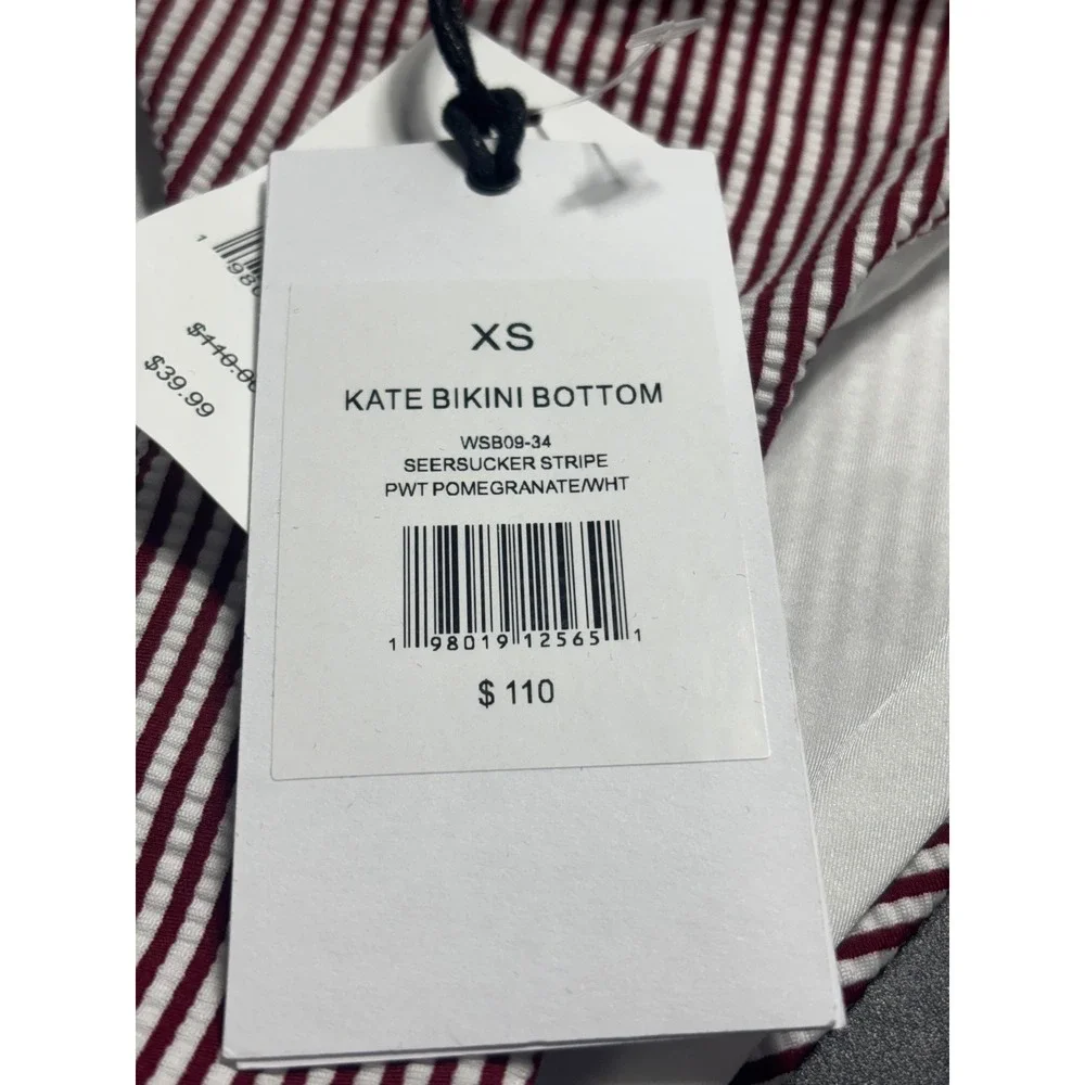 Onia Kate Bikini Bottom XS Pomegranate White Seersucker Stripe Side Tie LowRise